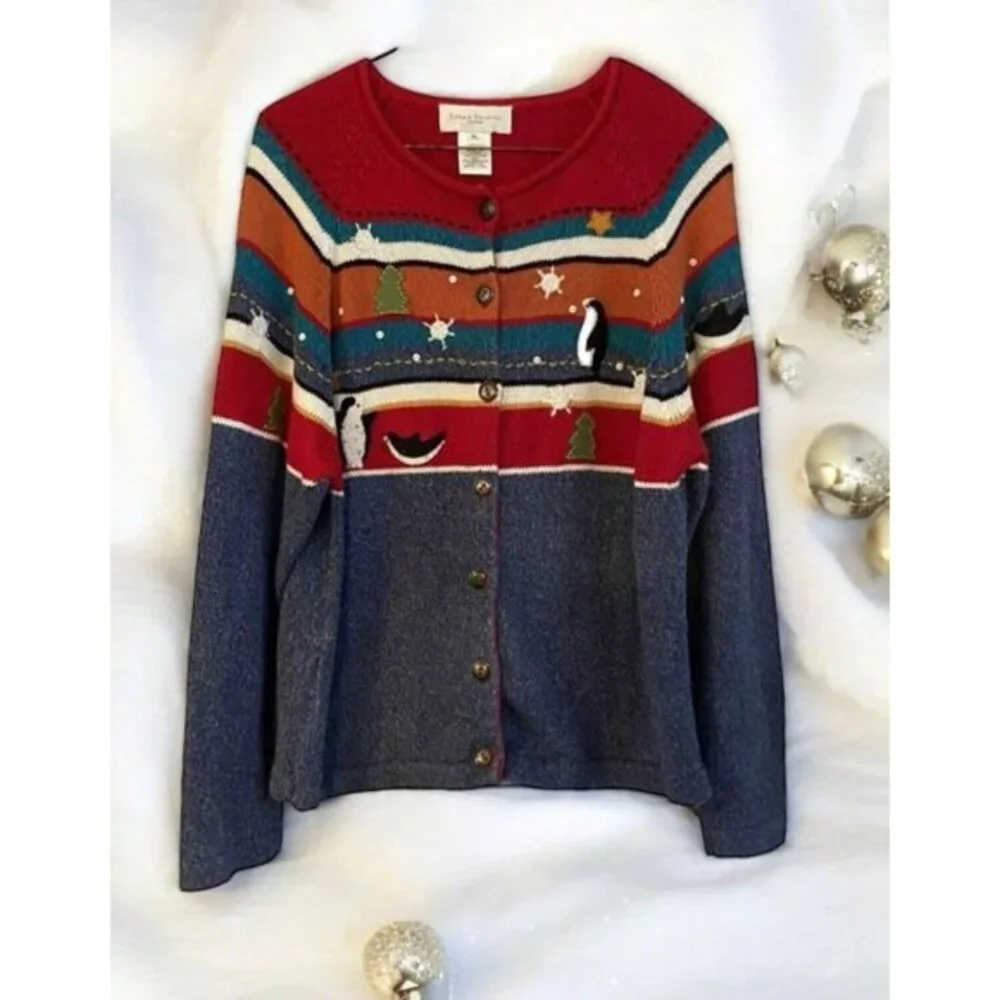 ⭐Susan Bristol Vintage Cottage Core Christmas Sweater Embroidered Penguin PLarge